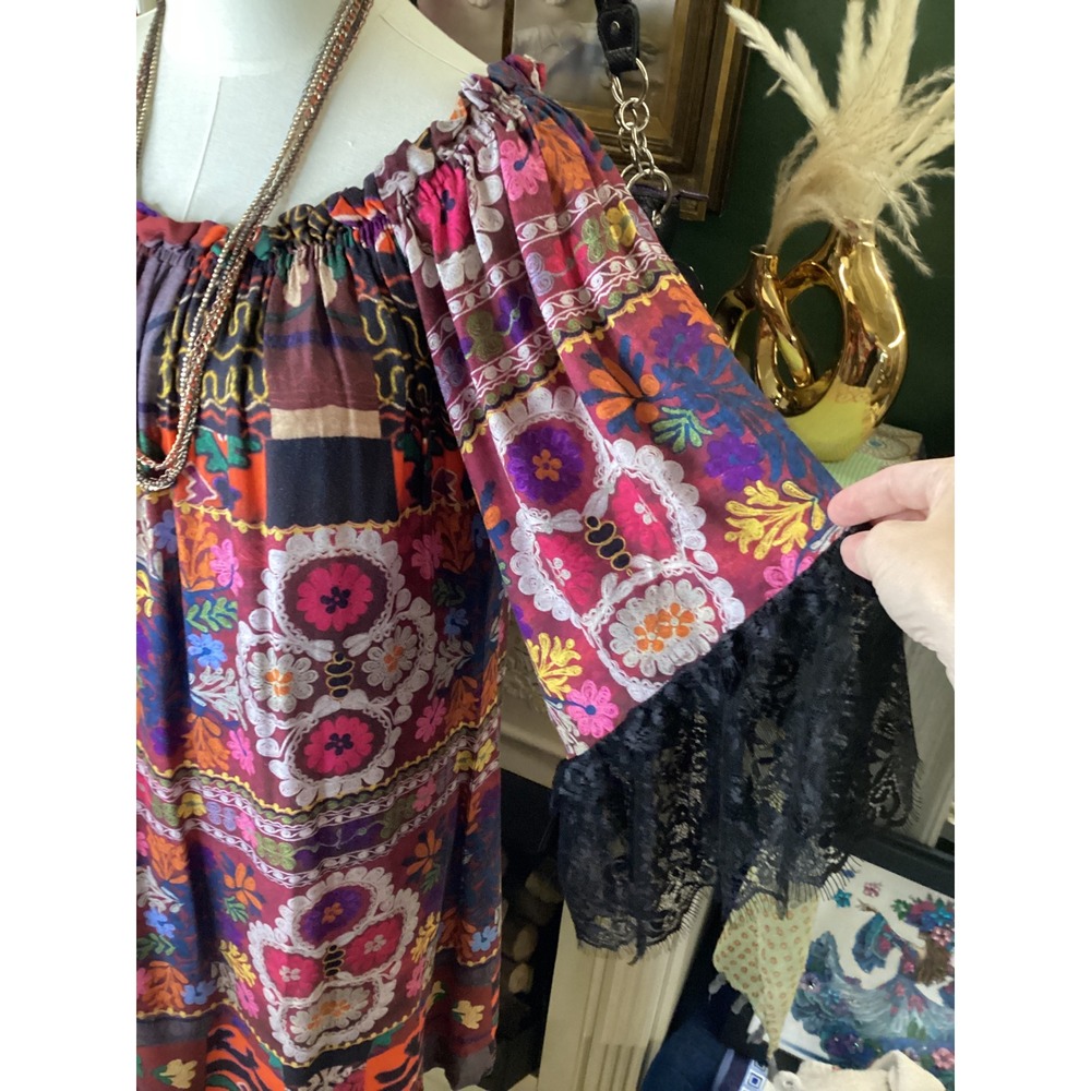Ivy Jane Patchwork Print Lace Trim Bell Sleeve Boho Tunic Dress Small 740306 - Picture 2 of 5